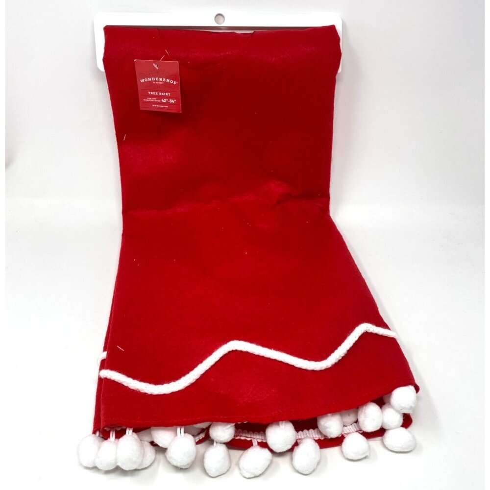 48" Christmas Red Felt Tree Skirt White Wavy Border and Pom Trim Wondershop™